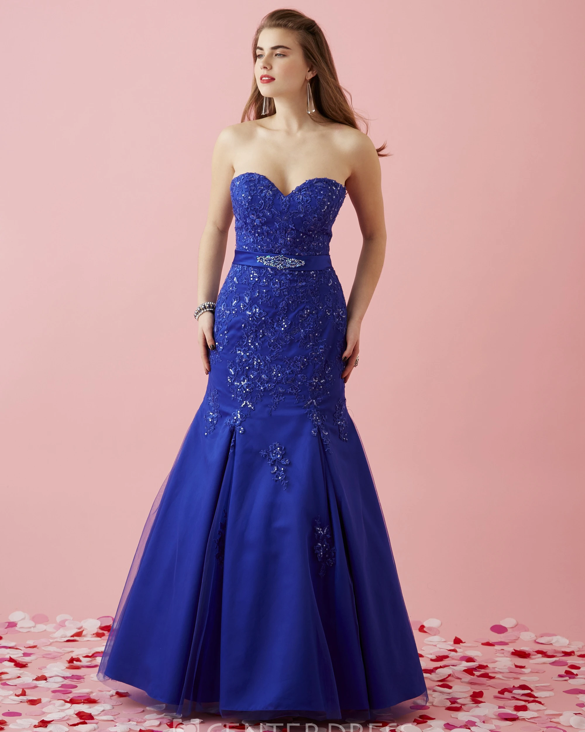 Mermaid Long Sweetheart Satin Lace-Up Dress With Appliques And Waist Jewellery