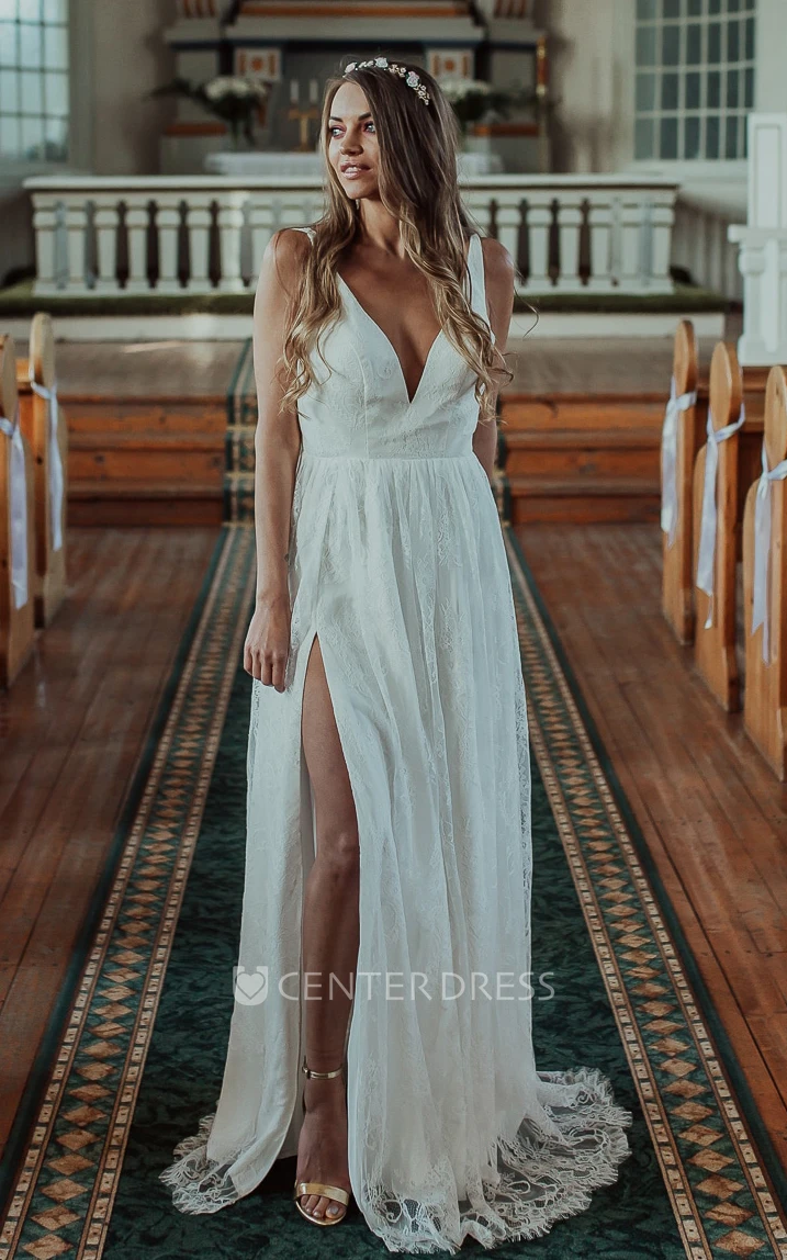 Sexy A Line V-neck Lace Floor-length Sleeveless Wedding Dress with Split Front and Low-V Back
