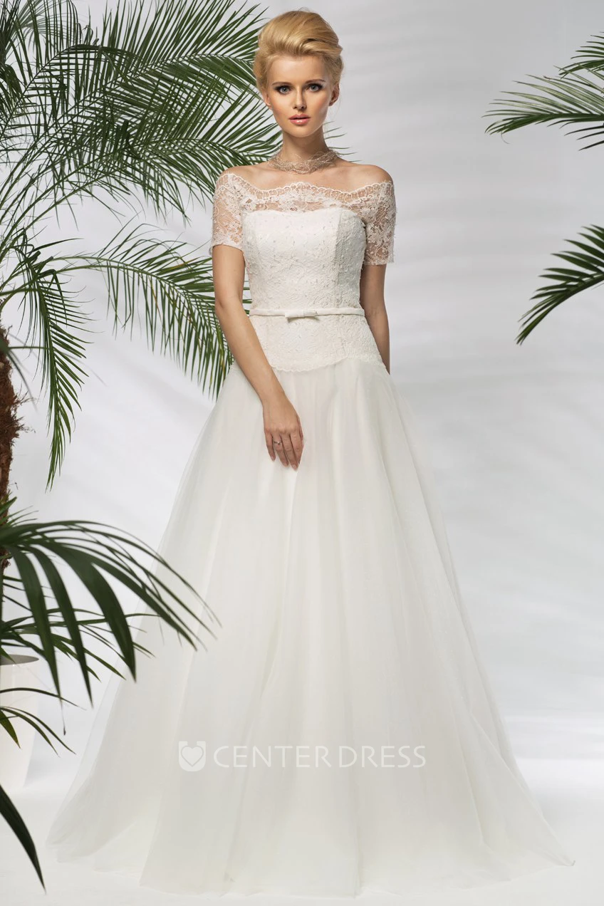 A-Line Off-The-Shoulder Short-Sleeve Floor-Length Tulle&Lace Wedding Dress