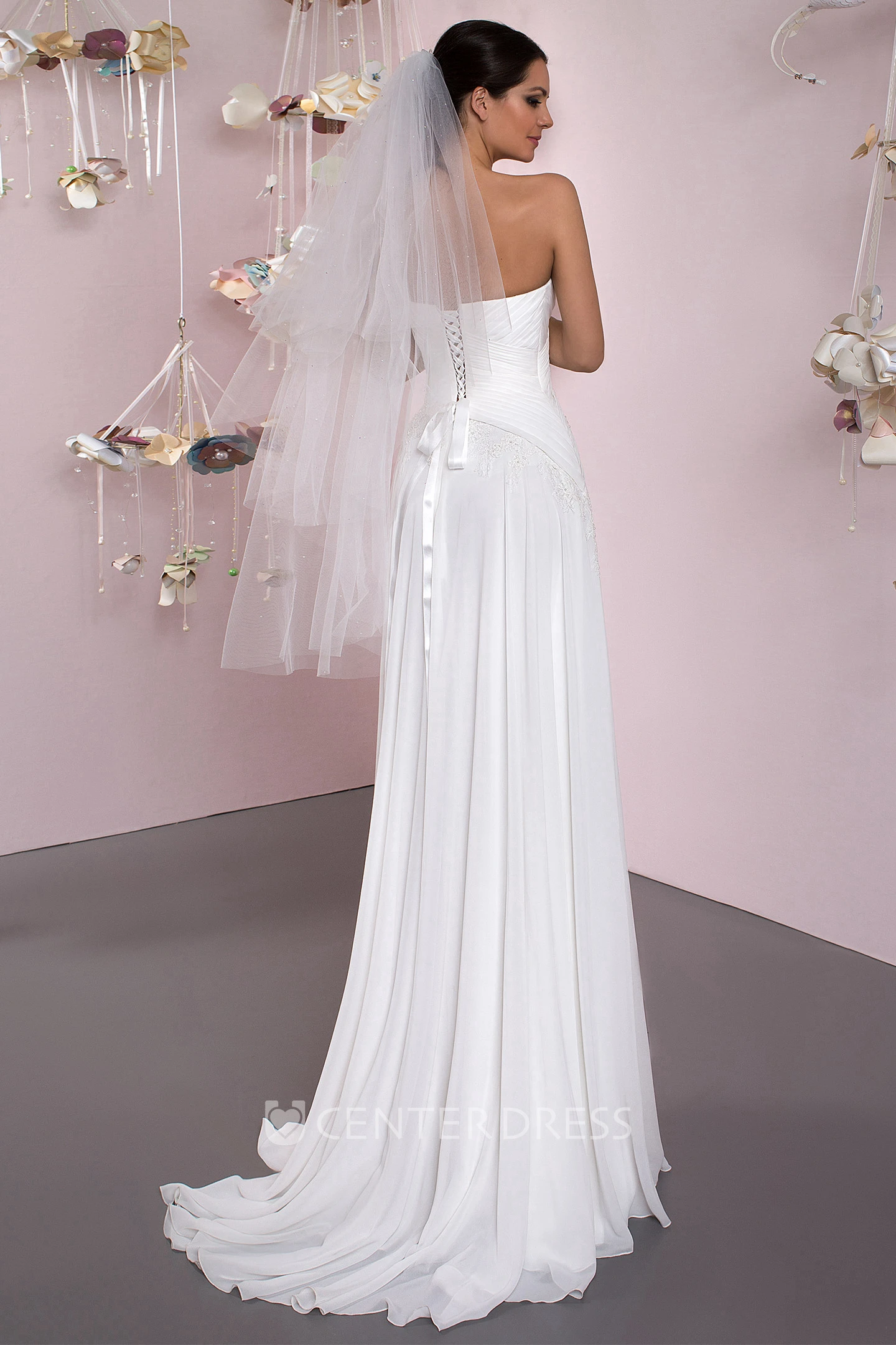 Sheath Ruched Strapless Sleeveless Long Chiffon Wedding Dress With Corset Back And Pleats