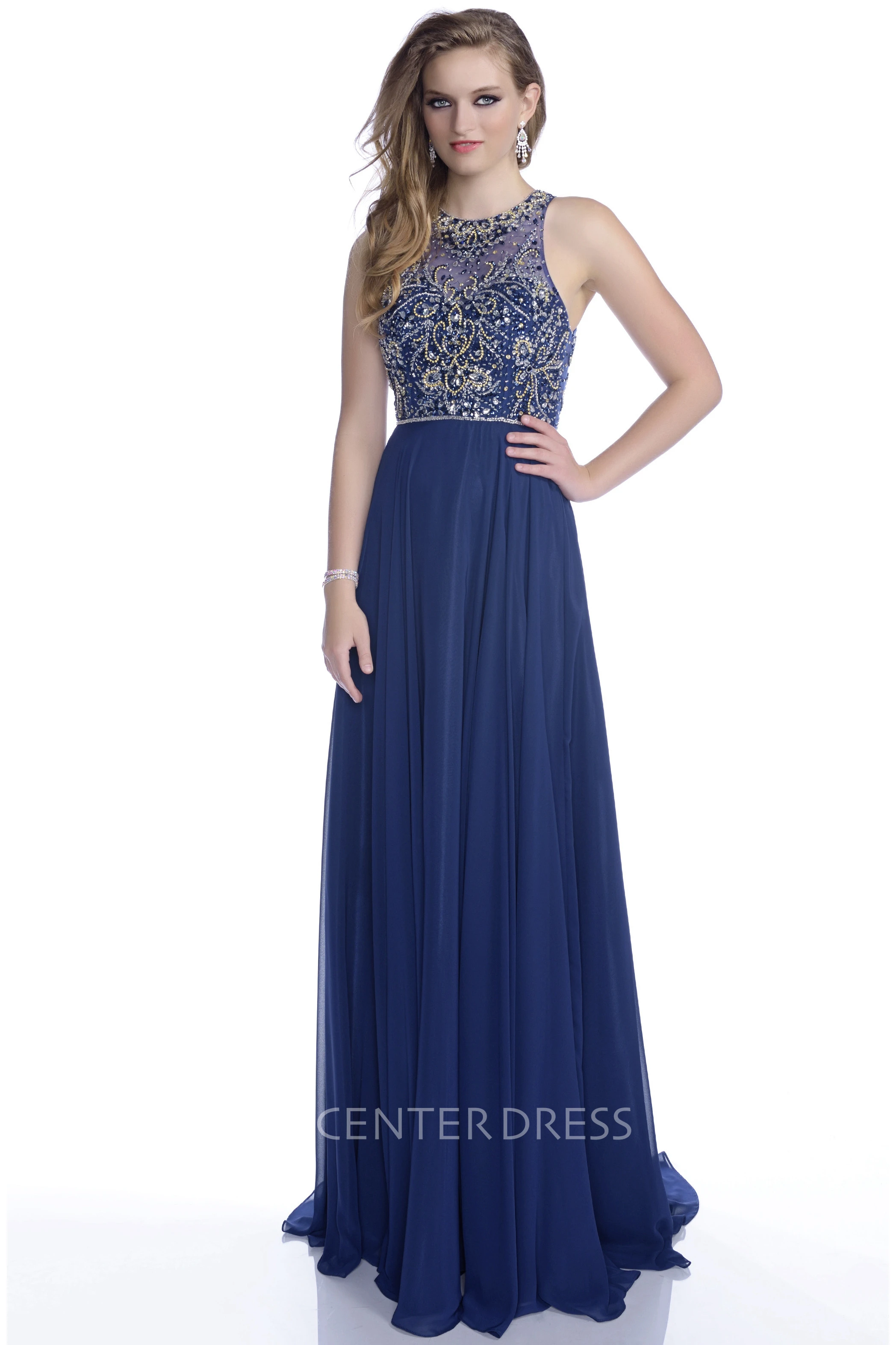 Chiffon Sleeveless A-Line Prom Dress Featuring Rhinestone Bodice And Illusion Back