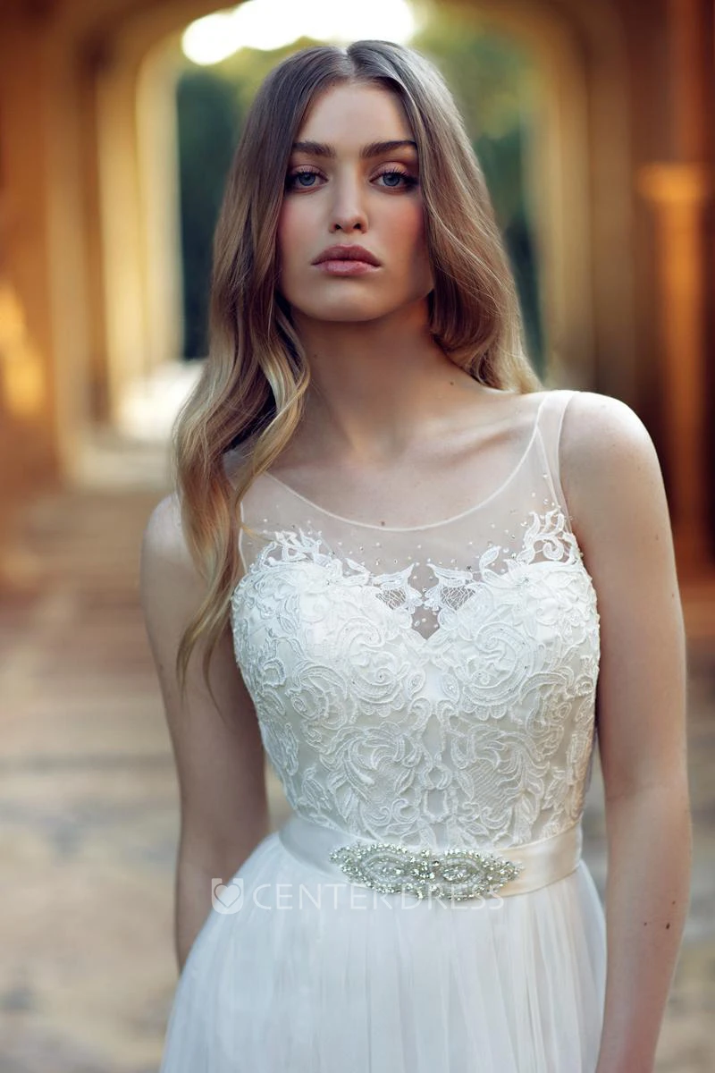 A-Line Scoop Appliqued Sleeveless Floor-Length Tulle Wedding Dress With Waist Jewellery And Pleats