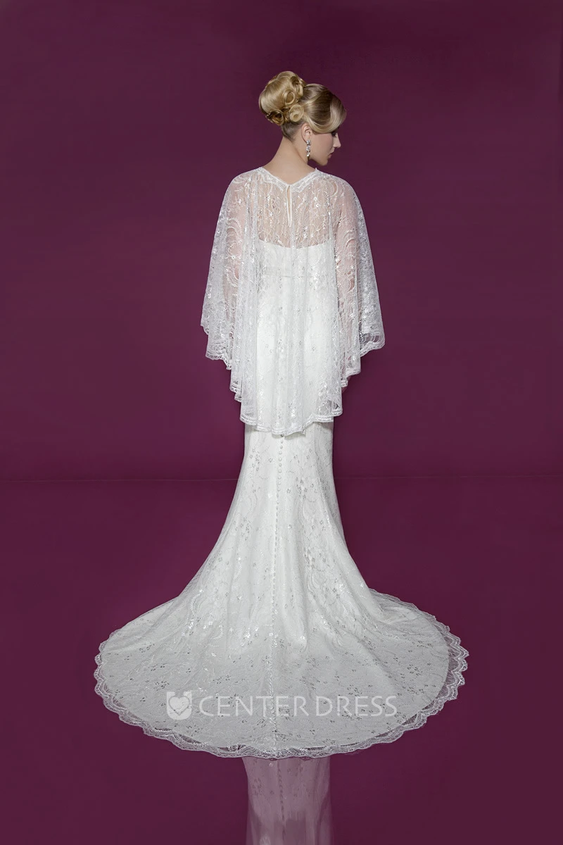 Floor-Length Scoop Cape Poet-Sleeve Lace&Satin Wedding Dress With Brush Train