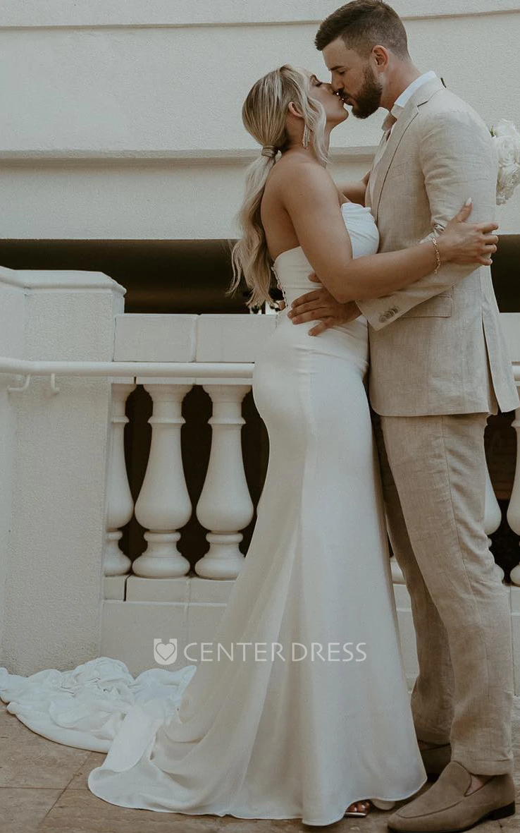 Simple Strapless Mermaid Sexy Waisted Elegant Satin Button Down Zipper Trailing Wedding Dress