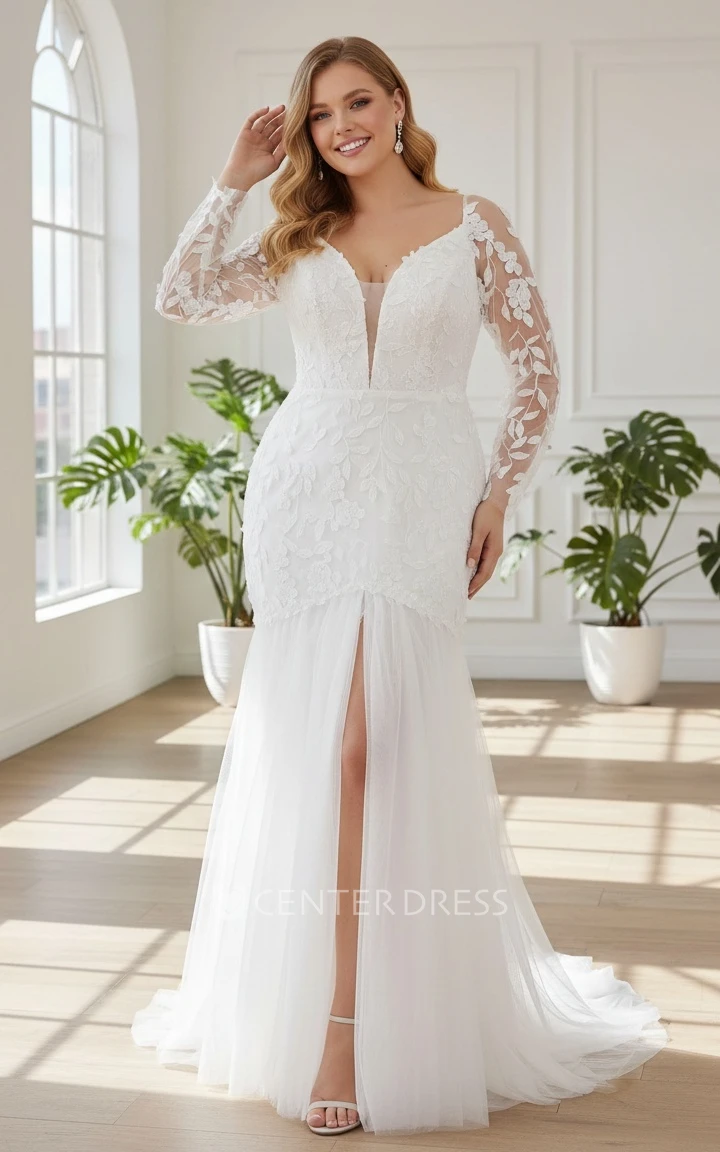 Long Sleeve Mermaid Plus Size V-neck Lace Spring Wedding Dress Backless with Train Garden