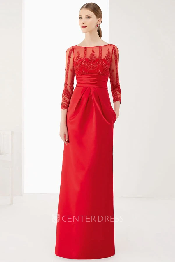 Sheath 3-4-Sleeve Floor-Length Appliqued Bateau-Neck Satin Prom Dress With Bow