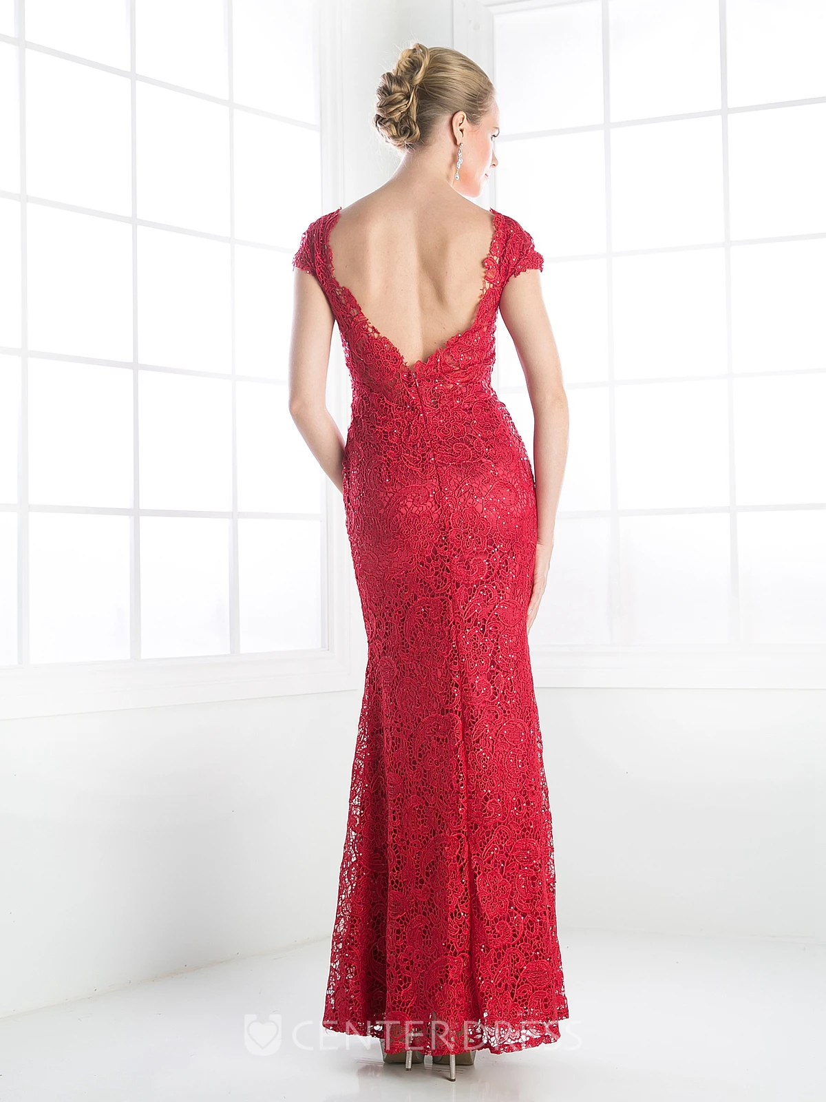 Sheath Ankle-Length V-Neck Short Sleeve Lace Deep-V Back Dress With Beading
