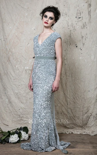 Mermaid V-neck Sequins Prom Dress with Sash and Train