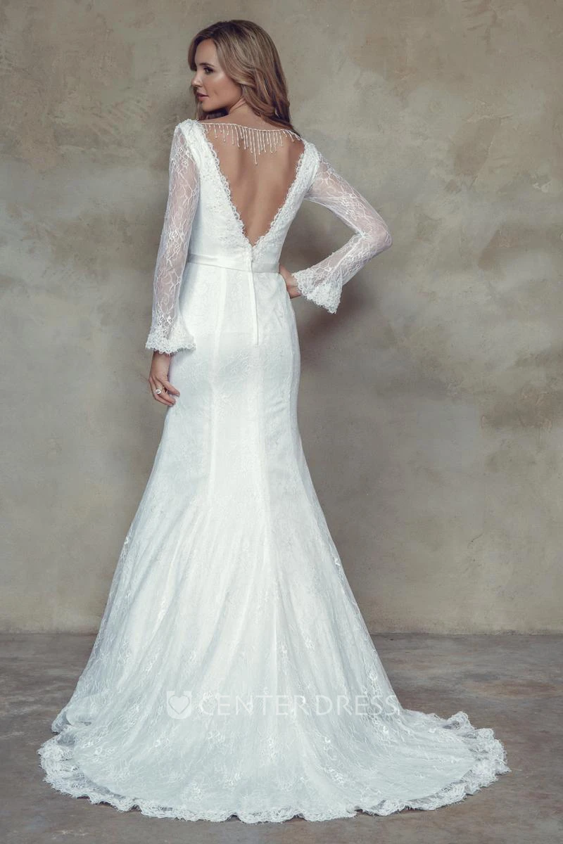 Trumpet Long-Sleeve Maxi V-Neck Lace Wedding Dress With Waist Jewellery And V Back
