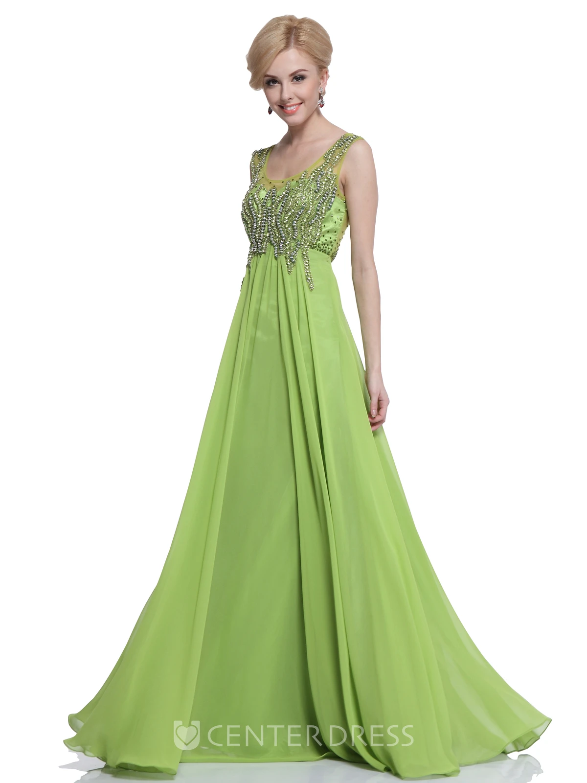 A-Line Maxi V-Neck Sleeveless Empire Chiffon Illusion Dress With Beading And Pleats