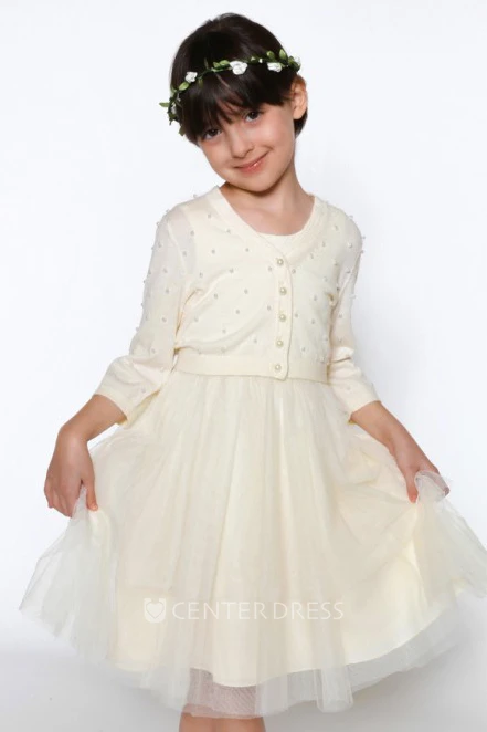 A-Line Scoop-Neck Jacket 3-4-Sleeve Long Tulle Flower Girl Dress With Pleats