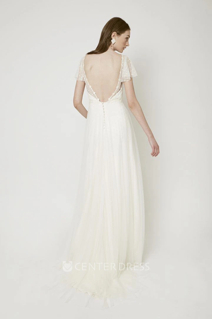 Adorable Jewel Neck Bridal Gown With Sweep/Brush Train