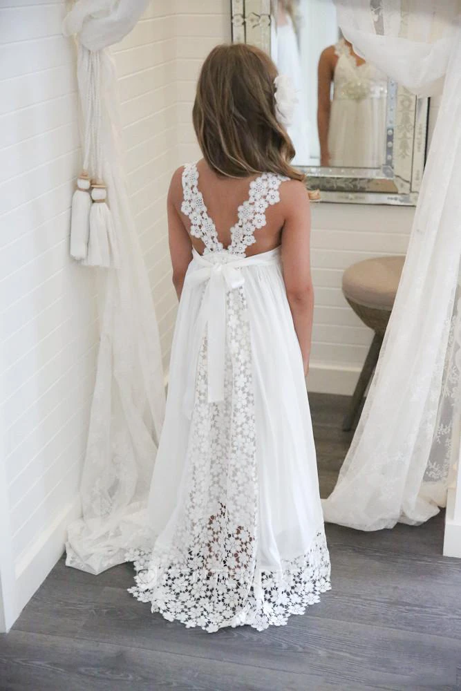 Empire Sleeveless Ethereal Sweep-Train V-Neck Boho Flowergirl Dress With Sash & Bow