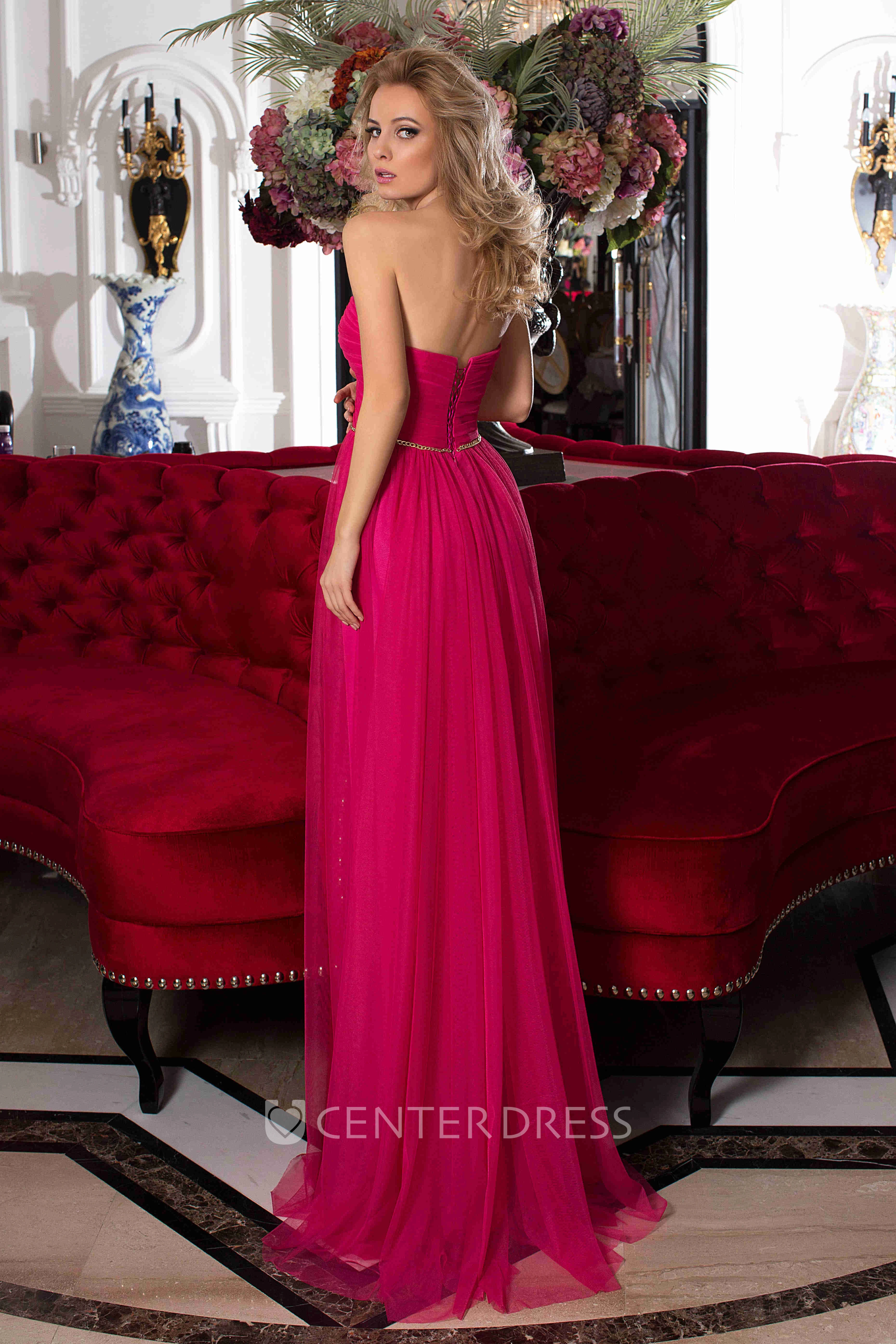A-Line Sleeveless Empire Sweetheart Floor-Length Criss-Cross Tulle Prom Dress With Lace-Up Back And Waist Jewellery