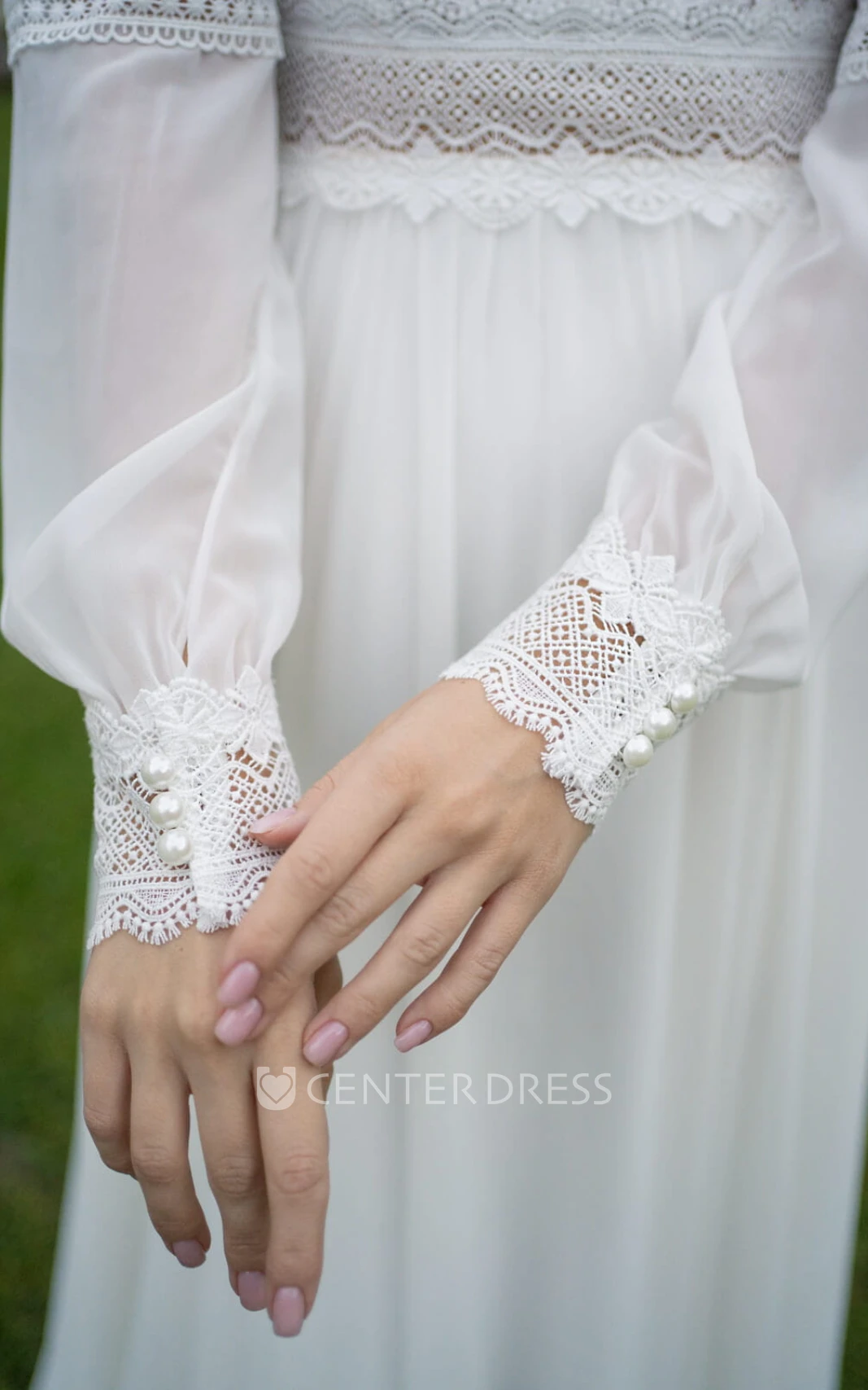 Poet Sleeves Chiffon A-Line Beach Winter Wedding Dress with V-Neckline and Illusion Low-V Back