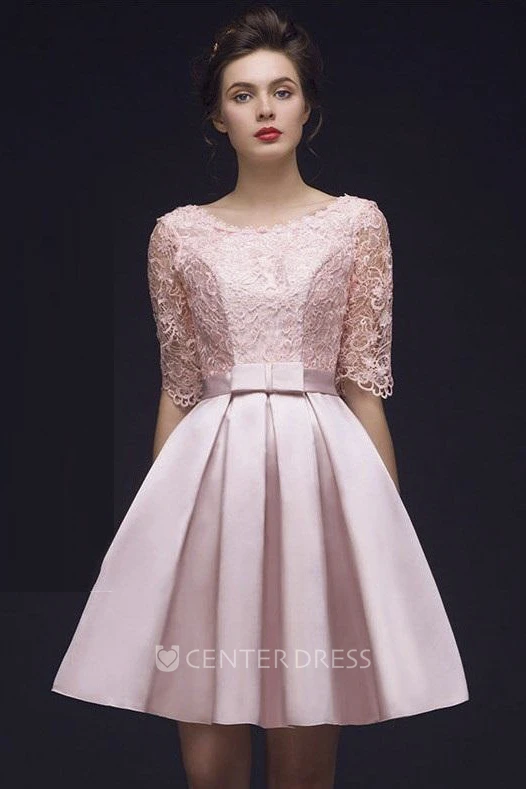 Adorable Lace Corset Back Half Sleeve Knee Length Dress With Bow