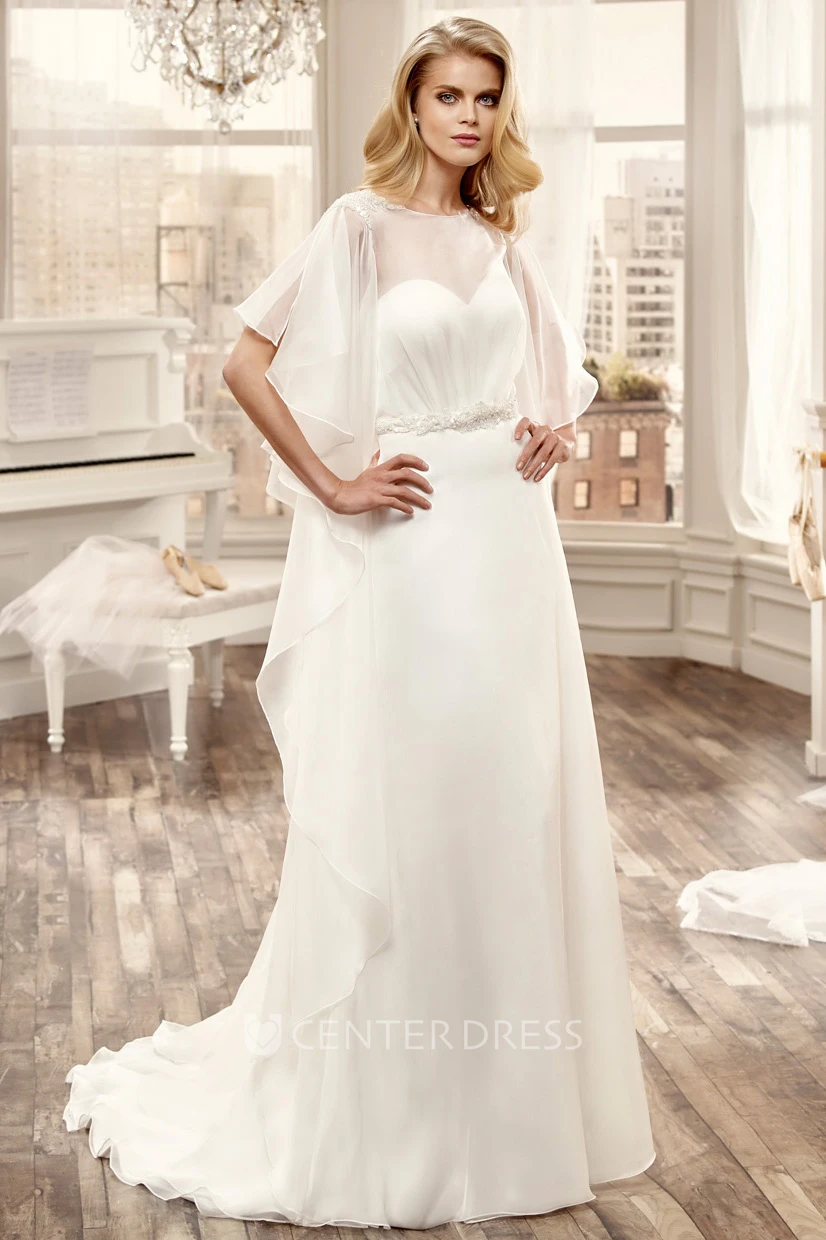 Ruching Chiffon Wedding Dress With Open Back And Brush Train