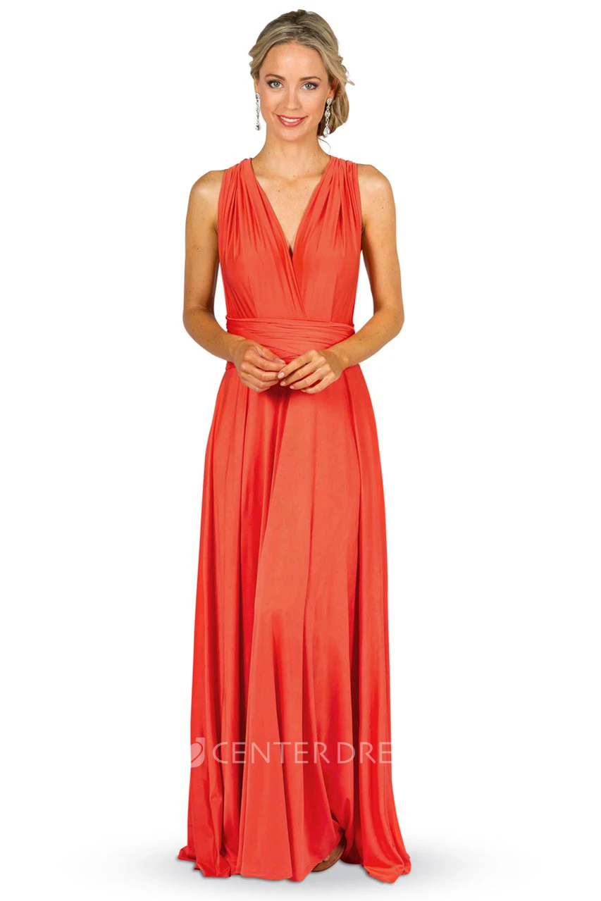 Maxi Ruched Sleeveless V-Neck Chiffon Convertible Bridesmaid Dress With Straps
