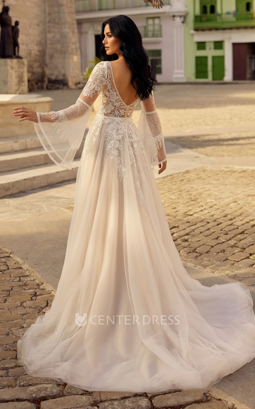 Ethereal A-Line V-Neck Wedding Dress with Lace Appliques and Bell Sleeves Backless Tulle Bridal Gown for Garden Ceremony