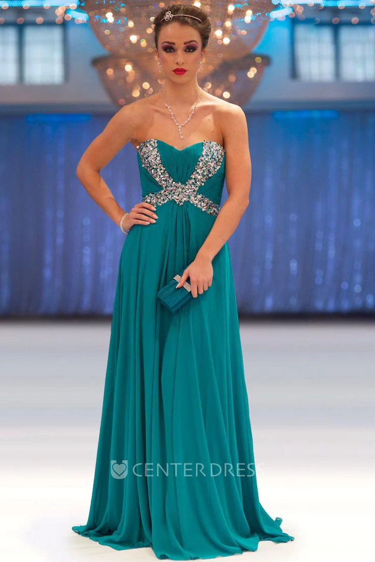 Sheath Sleeveless Sweetheart Empire Floor-Length Beaded Chiffon Prom Dress With Ruching