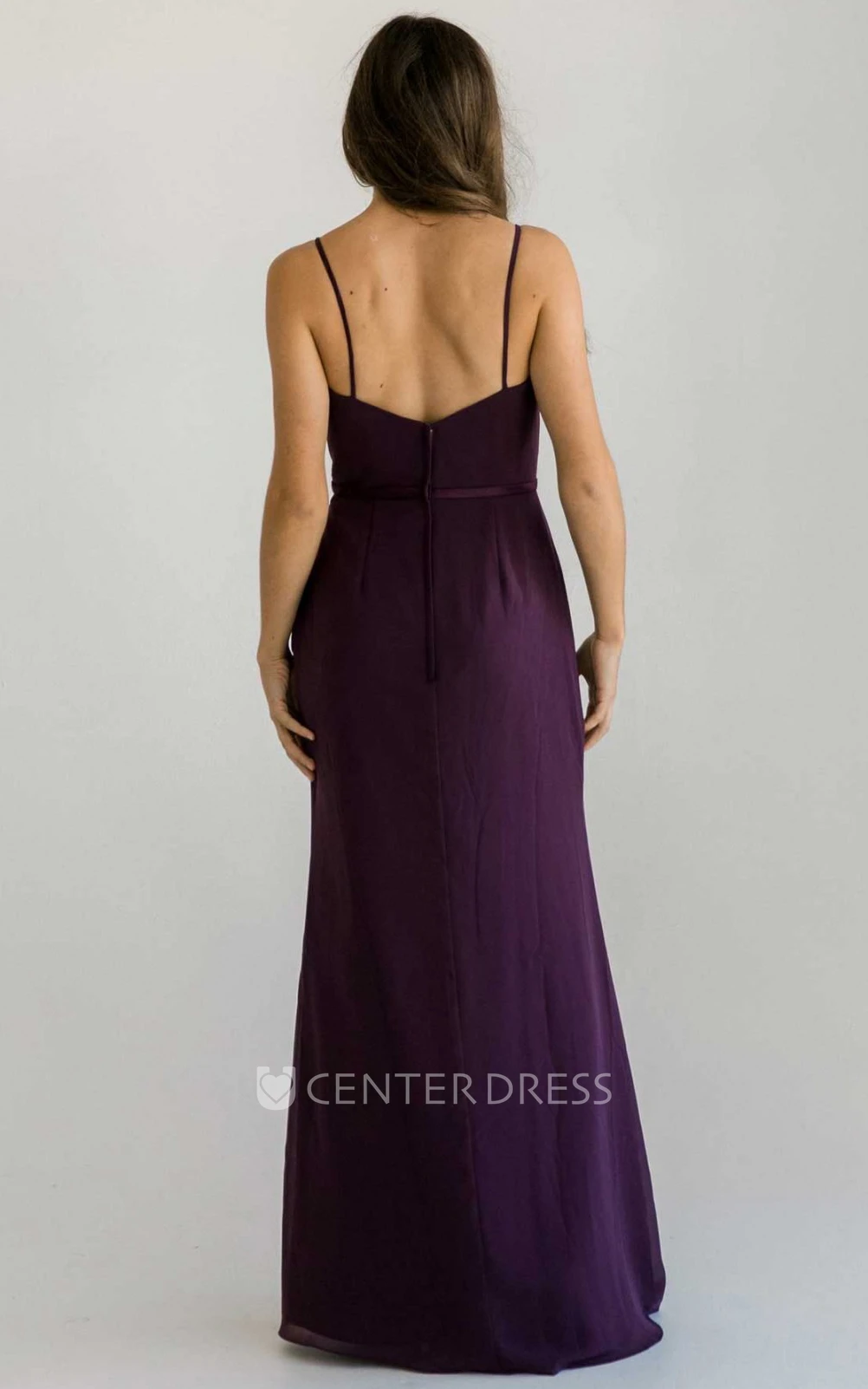 Simple Casual V-neck Sheath Chiffon Bridesmaid Dress With Straps And Ruching