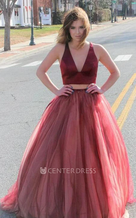 Modern V-neck Two Piece Floor-length Sleeveless Tulle Formal Dress with Bow