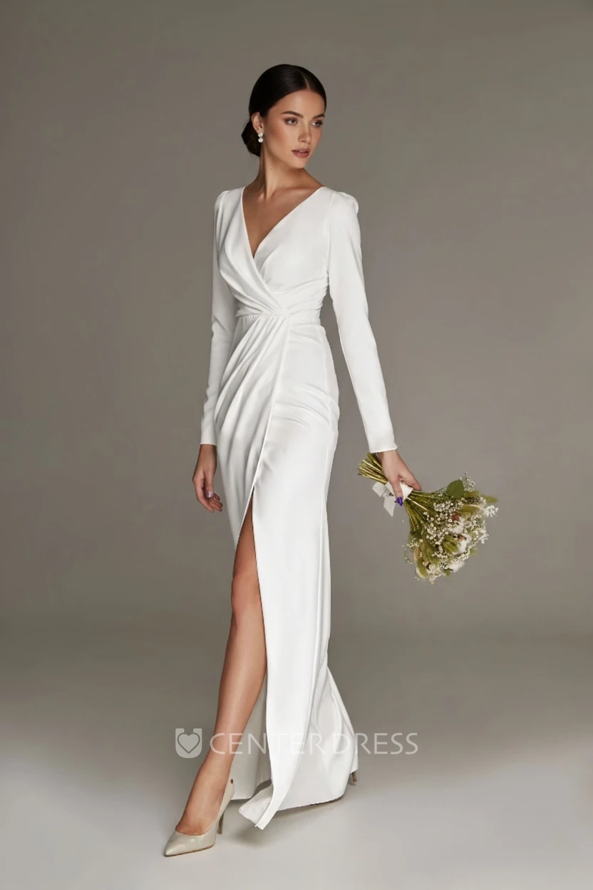 Split Sexy Simple Floor-length Long Sleeve V-neck Sheath Reception Wedding Bride Dress Zipper Back