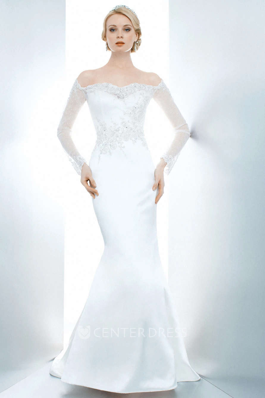 Mermaid Appliqued Off-The-Shoulder Illusion Sleeve Satin Spring Wedding Dress
