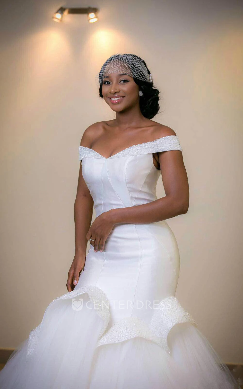Mermaid Mini Off-The-Shoulder Sleeveless Bell Cap Beading Appliques Ruffles Sweep Train Corset Back Tulle Lace Dress