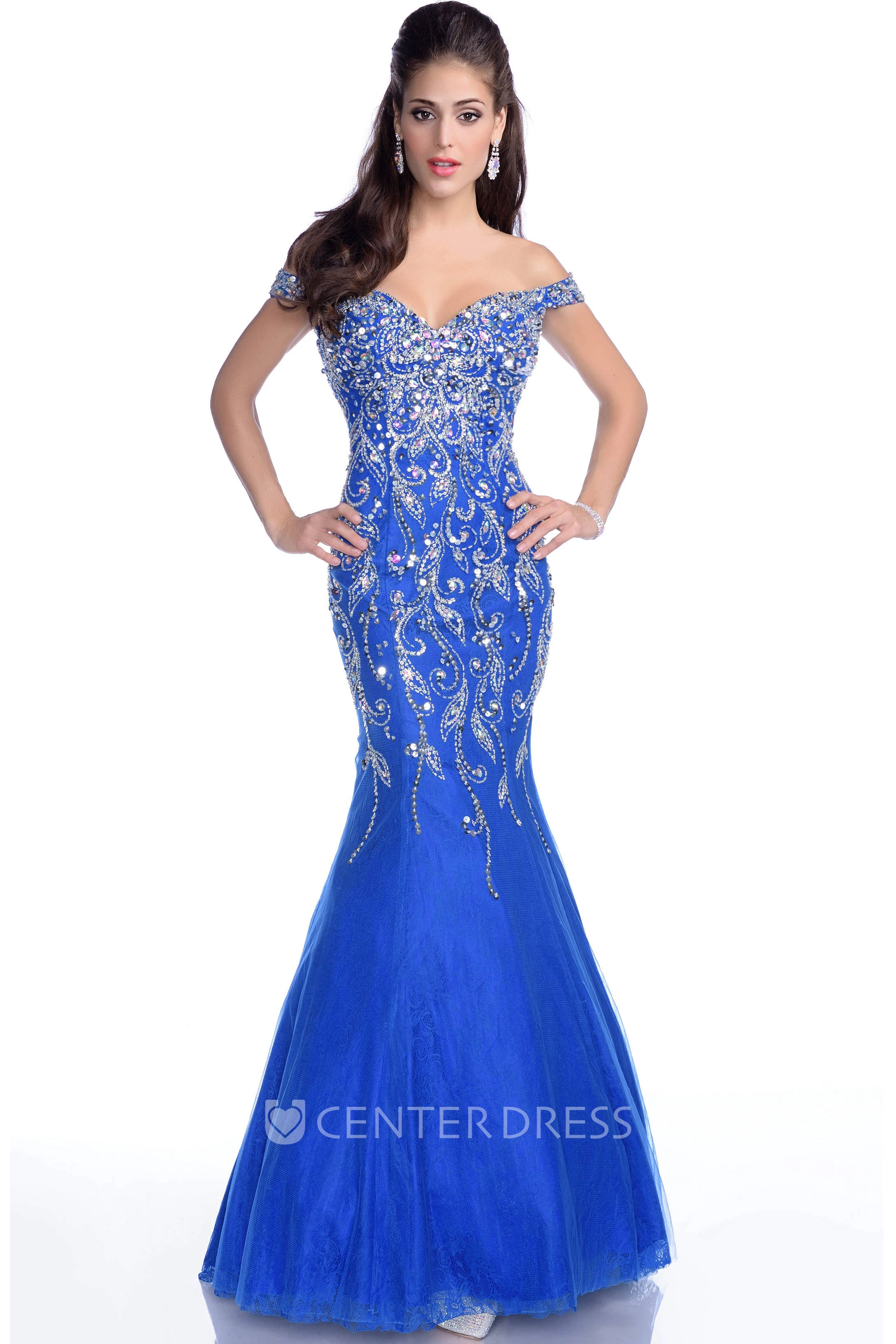 Trumpet Off-The-Shoulder Tulle V-Neck Crystal Gown With Low-V Back