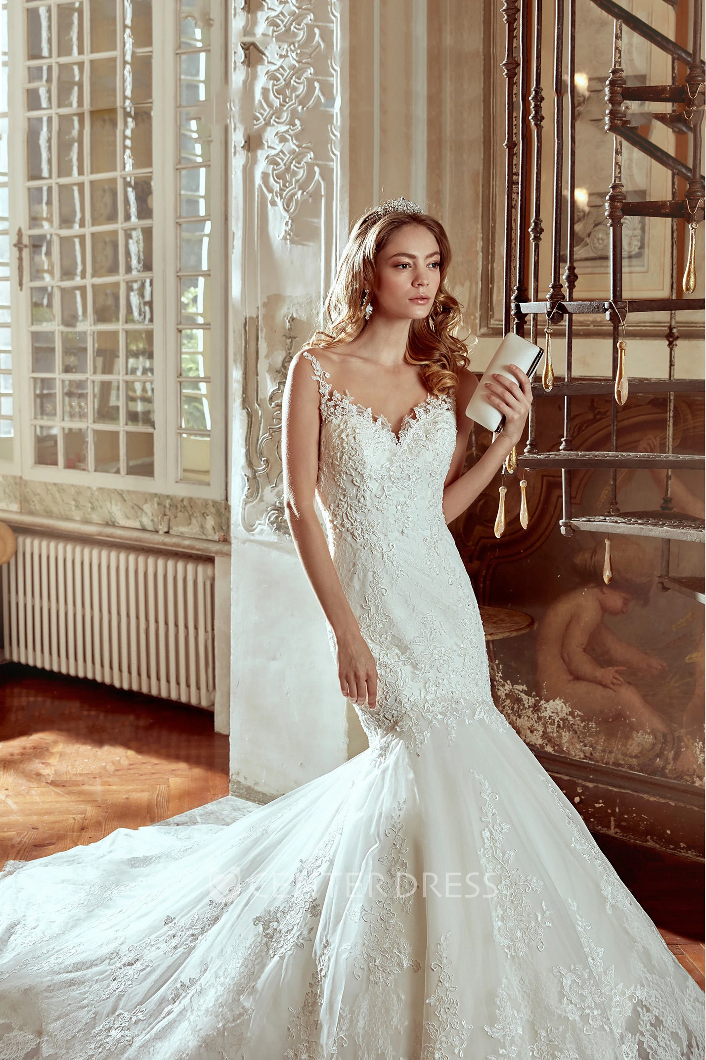Strap-Neck Lace Wedding Dress with Mermaid Style and Illusive Back