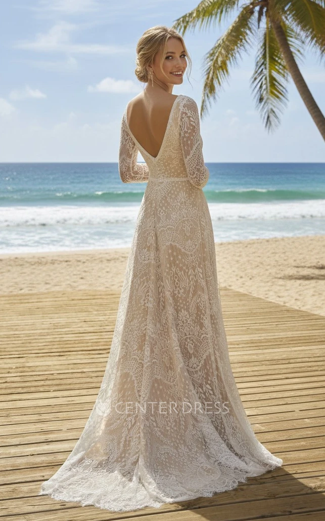 Boho Lace Beach Long Sleeve Bridal Dress Elegant A-Line Deep V Neckline Wedding Gown