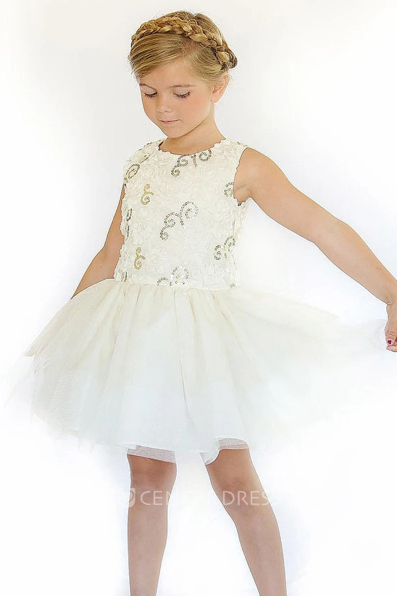 Embroideried Knee-Length Floral Tulle&Sequins Flower Girl Dress With Ribbon