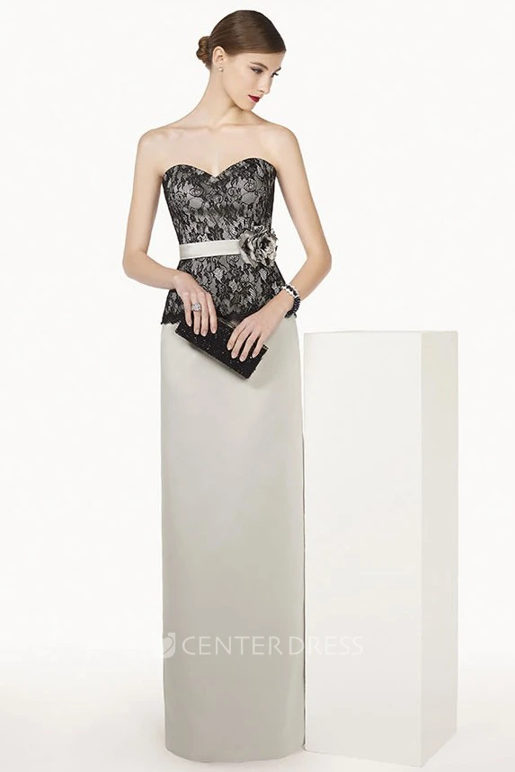 Lace Top Sheath Long Satin Prom Dress With Floral Sash And Removable Jacket