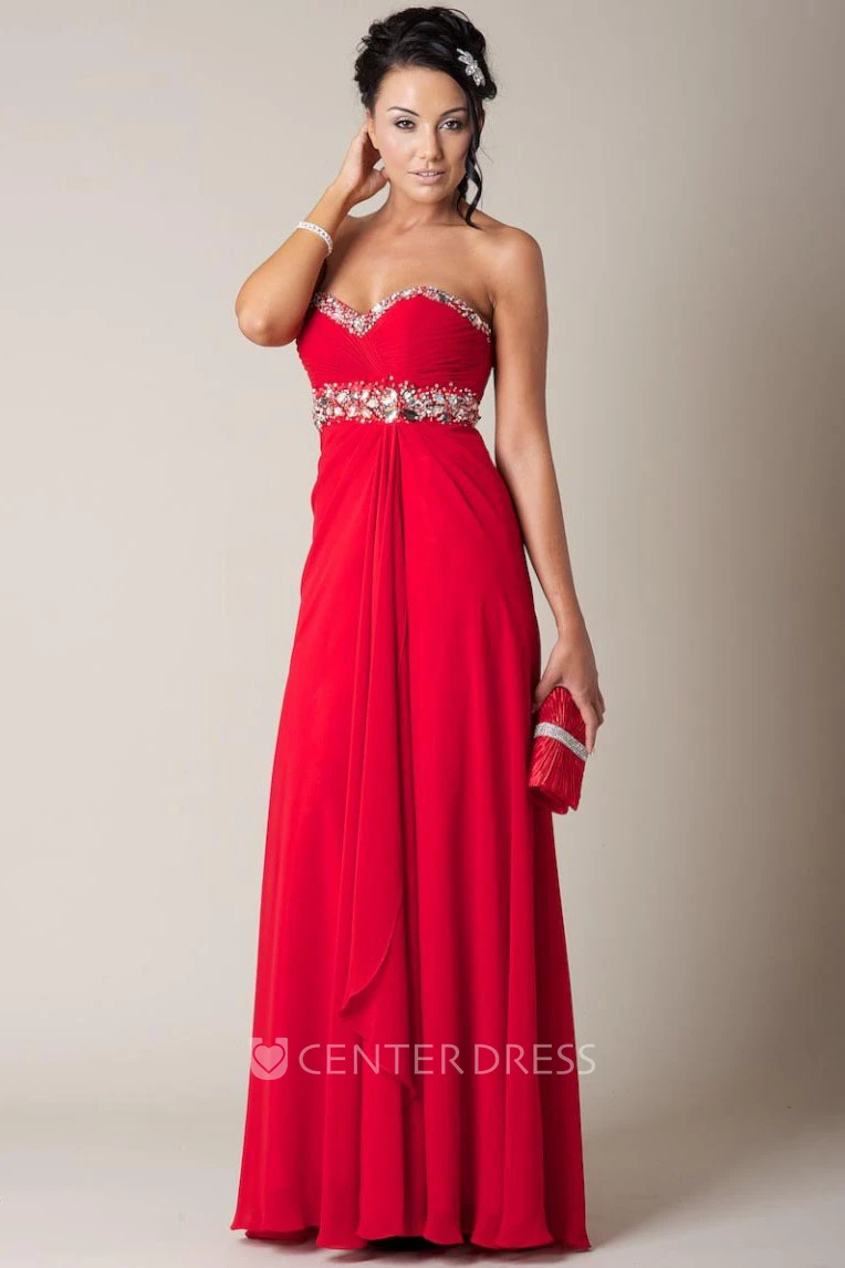 A-Line Ruched Maxi Sleeveless Sweetheart Chiffon Prom Dress With Beading And Draping
