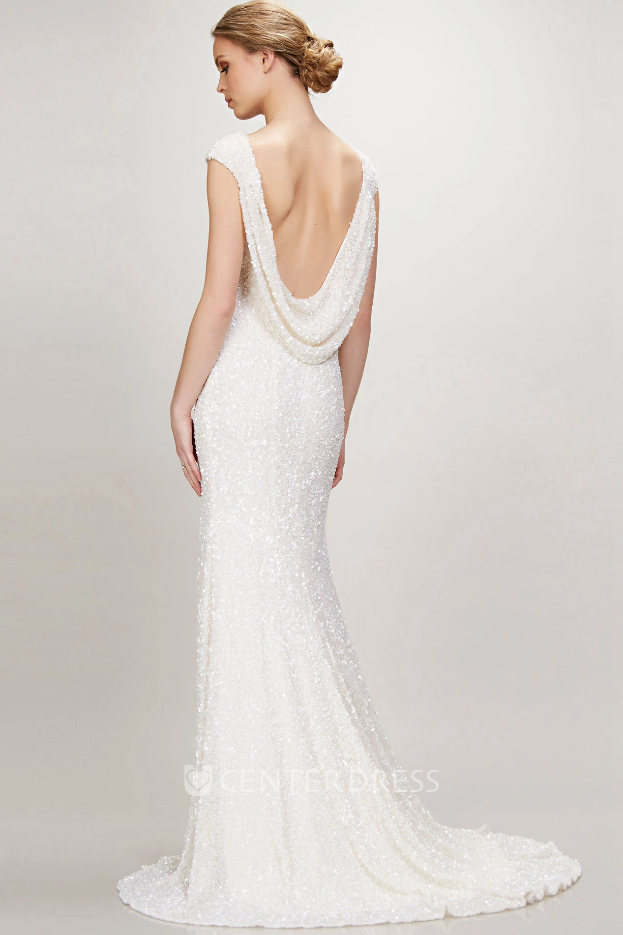 Bateau Long Beaded Jersey Wedding Dress With Sweep Train And V Back