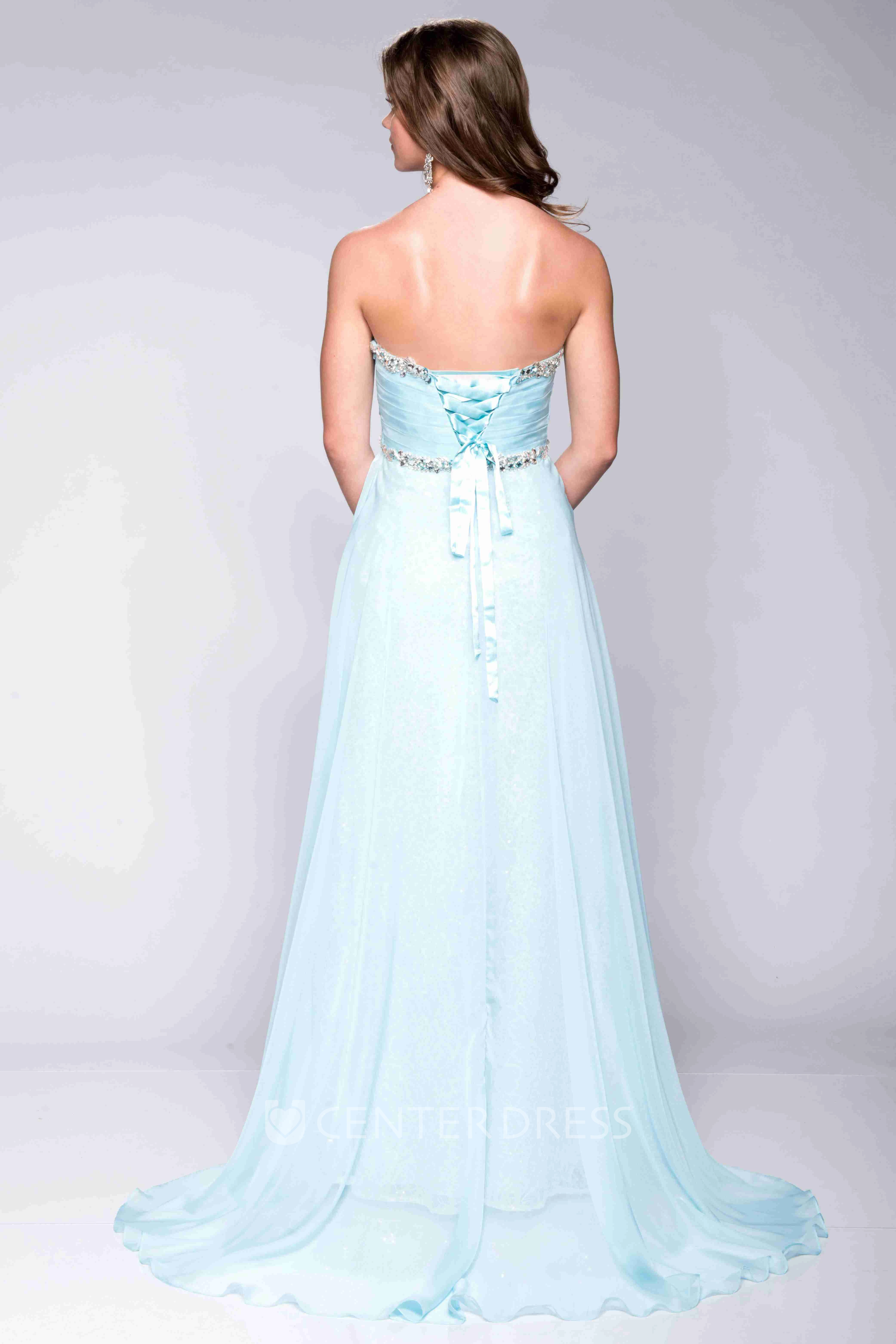 Empire Column Chiffon Sweetheart Prom Dress With Jeweled Top