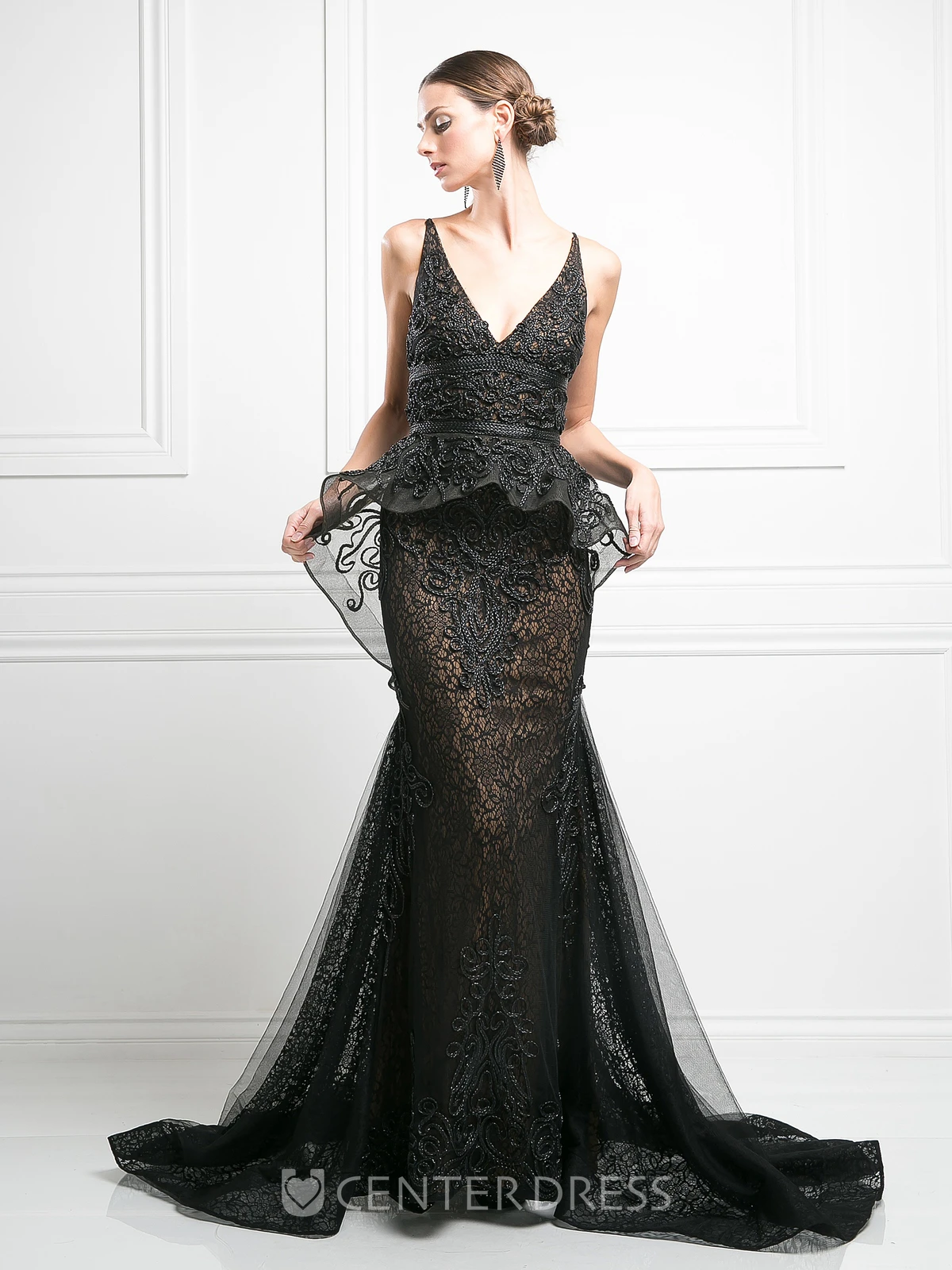 Sheath V-Neck Sleeveless Tulle Dress With Beading And Peplum