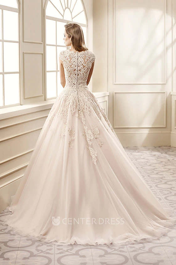 A-Line Appliqued V-Neck Cap-Sleeve Floor-Length Lace Wedding Dress With Pleats