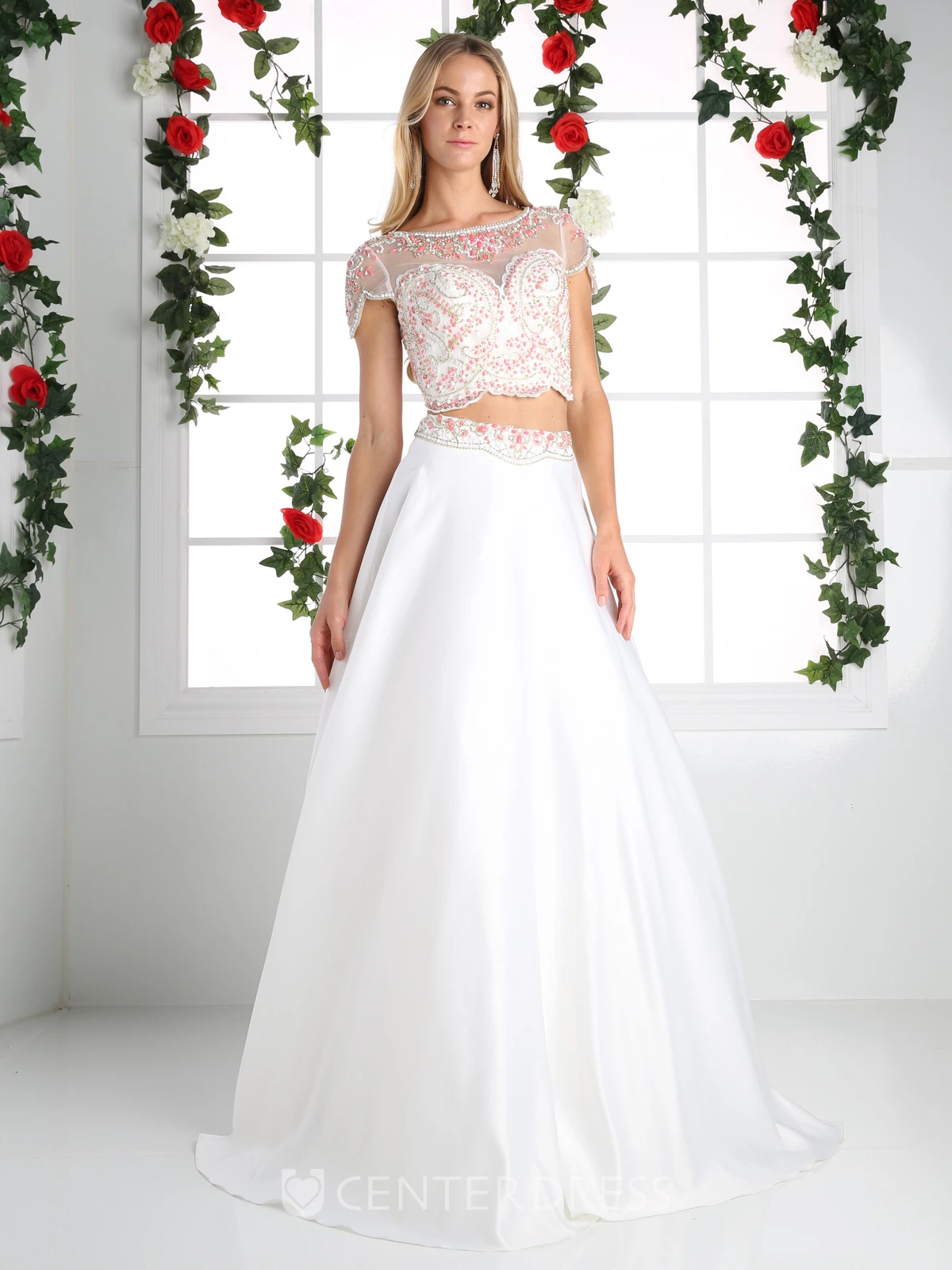 A-Line Scoop-Neck Short Sleeve Satin Illusion Dress With Beading