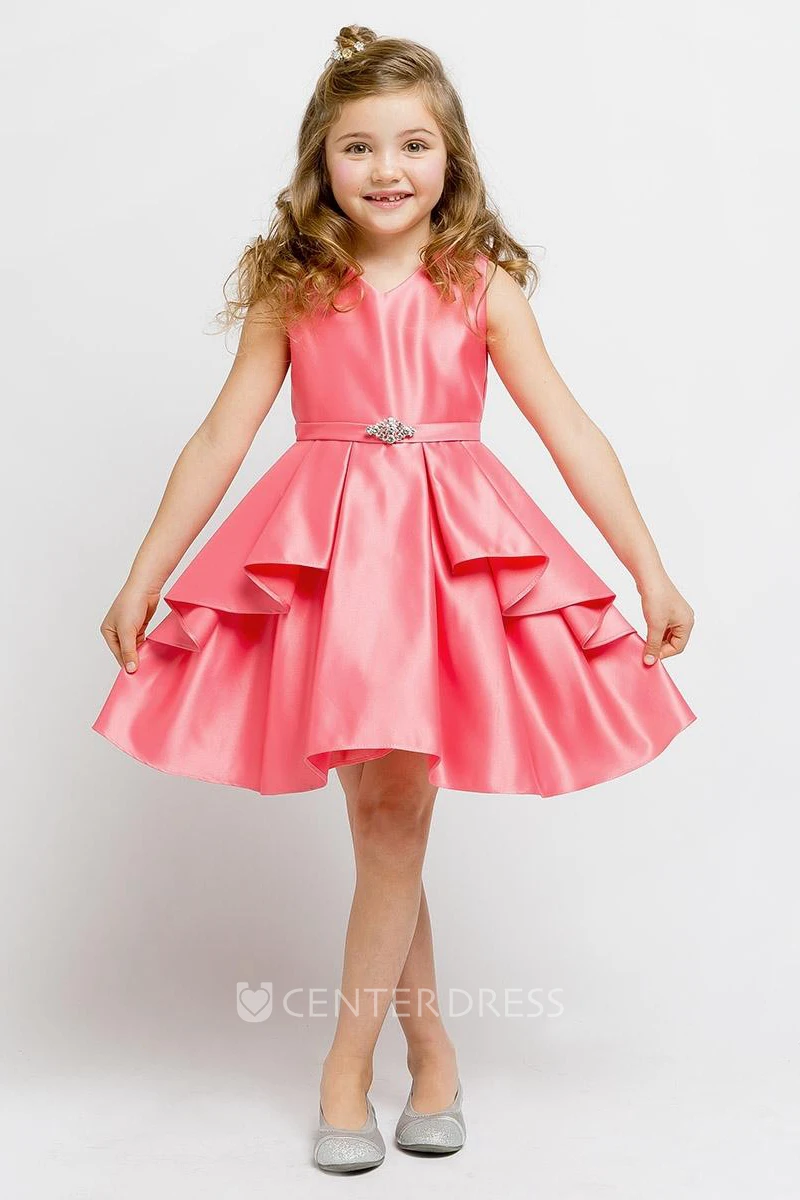 Split Knee-Length Beaded Split-Front Satin Flower Girl Dress With Ribbon