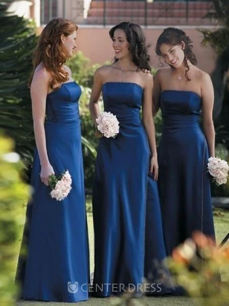 A-line Strapless Ruffles Sleeveless Floor-length Satin Bridesmaid Dresses