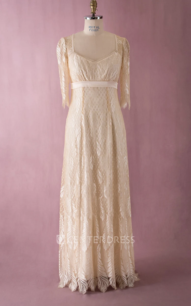 Simple-Designed Half-sleeved V-neck V-back Lace Dress