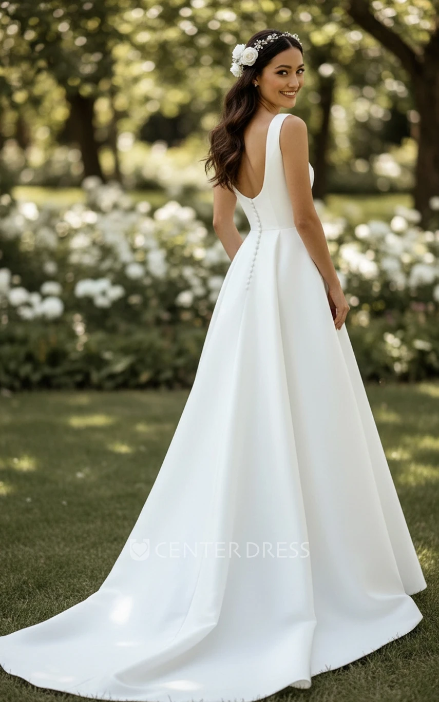Simple Modest Square Neck Wedding Dress Sleeveless A-Line Satin Bridal Gown
