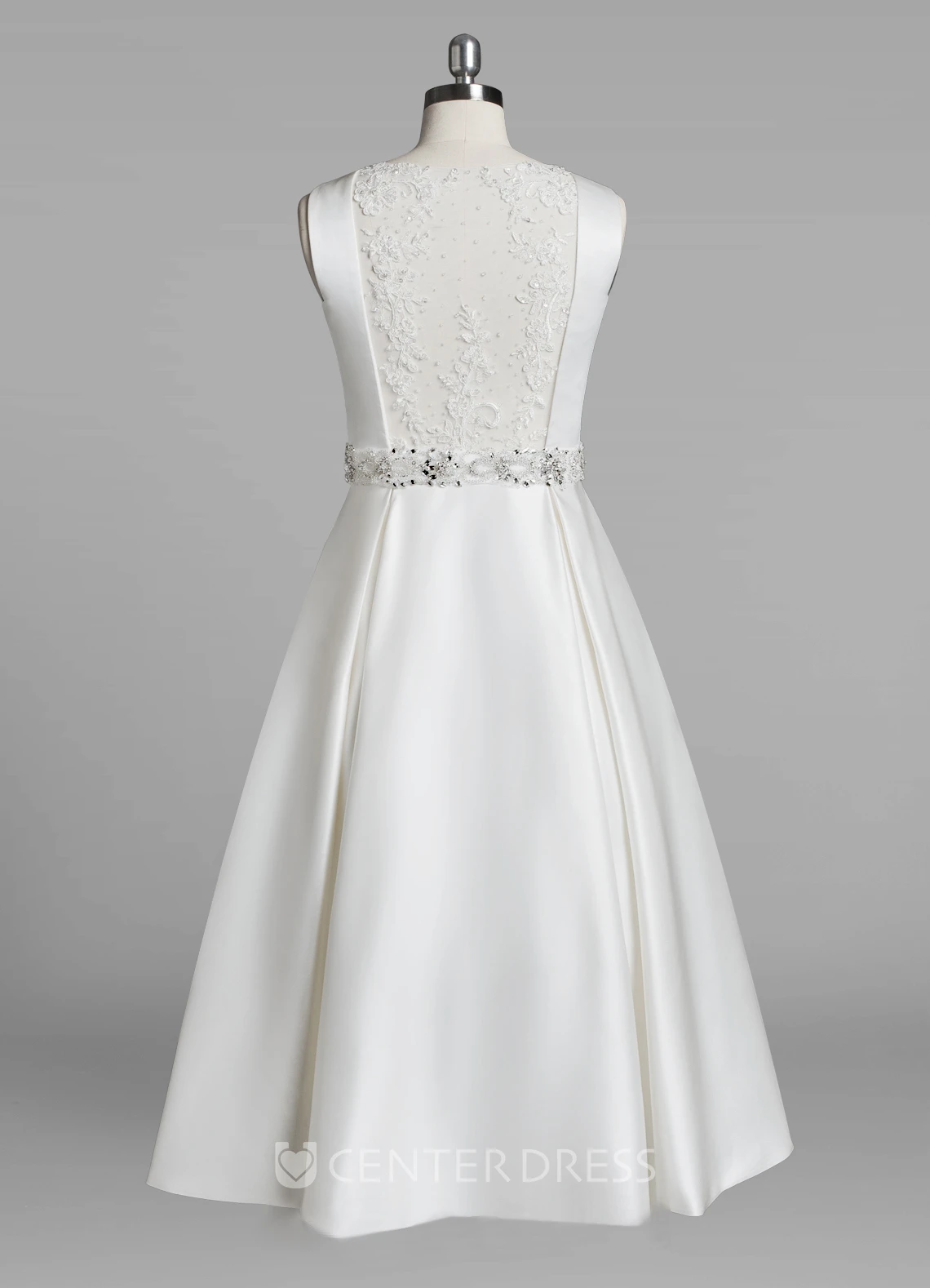 Jewel Neck Sleeveless A-Line Tea-Length Satin Wedding Dress With Beading