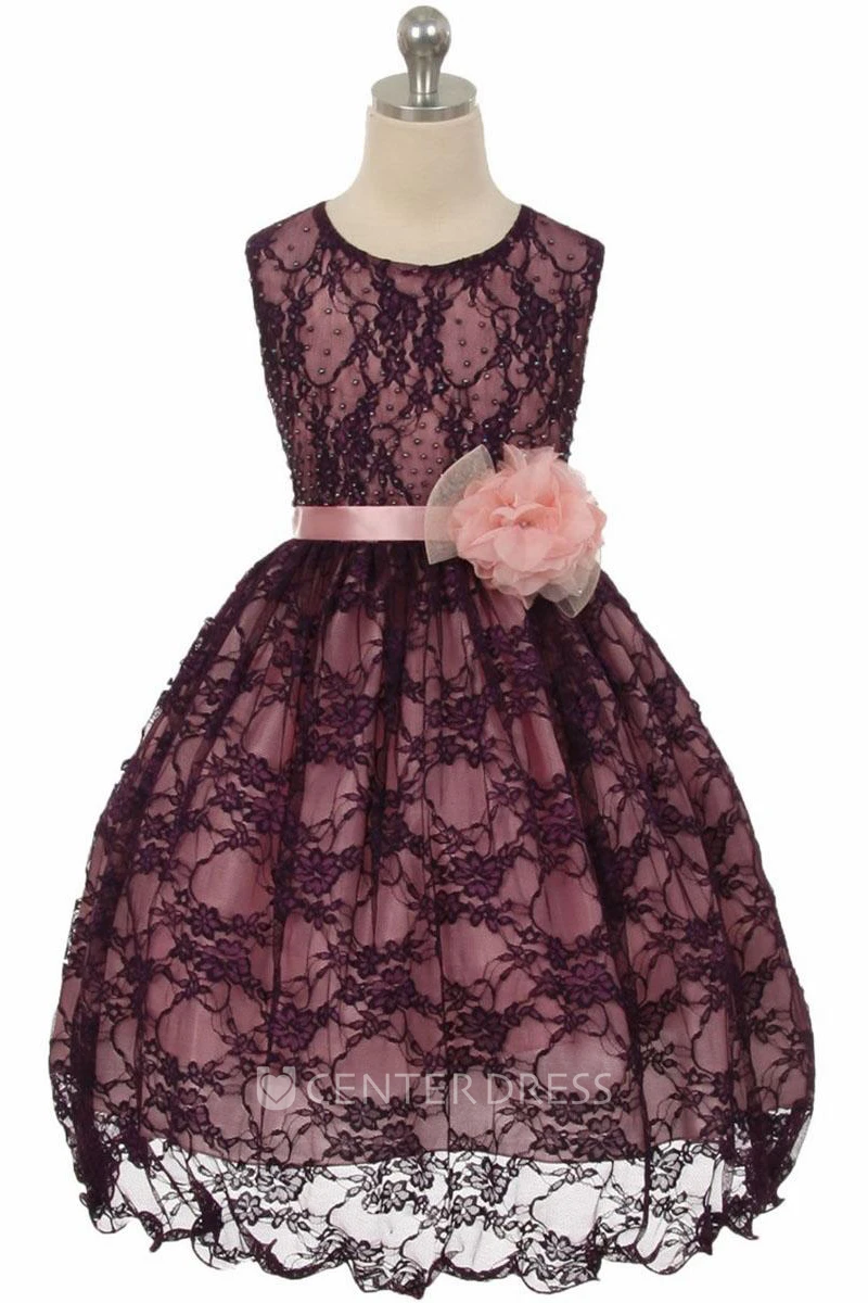 Tea-Length Floral Beaded Lace&Satin Flower Girl Dress With Sash
