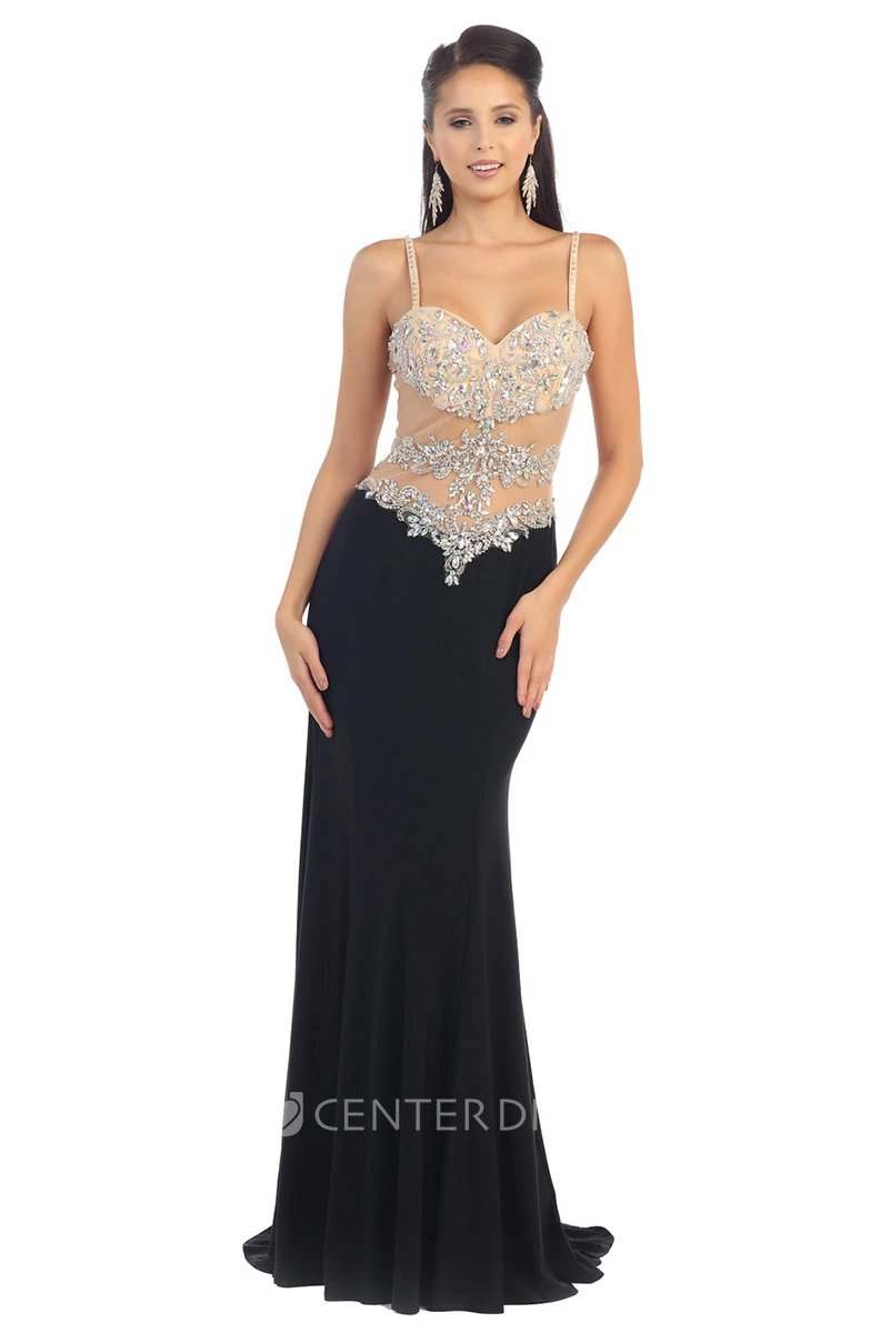 Illusion Sheath Maxi Spaghetti Sleeveless Jersey Dress With Beading