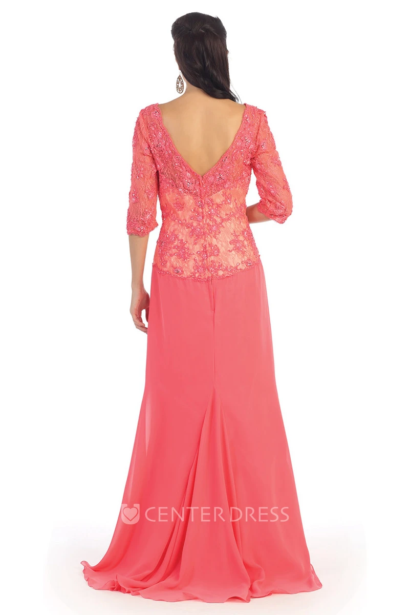 Sheath V-Neck Half Sleeve Lace Jersey Low-V Back Dress With Appliques