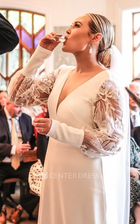 Spring Lace Long Sleeve Plunging Neckline Sheath Elegant Wedding Dress Floor-length