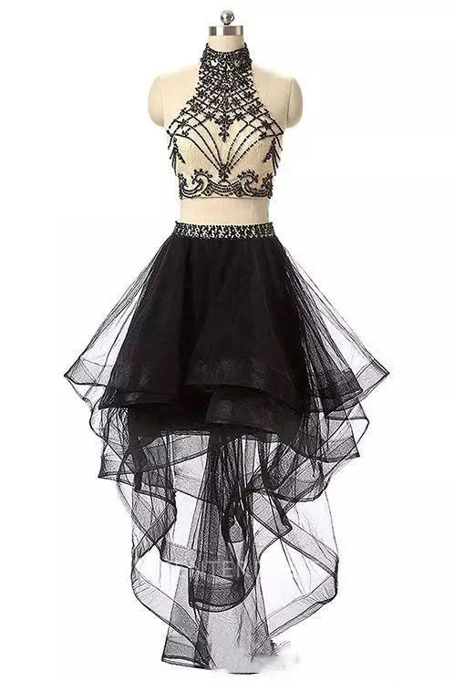 Two Piece High-low Sleeveless High Neck Beading Pleats Ruffles Tulle Homecoming Dress